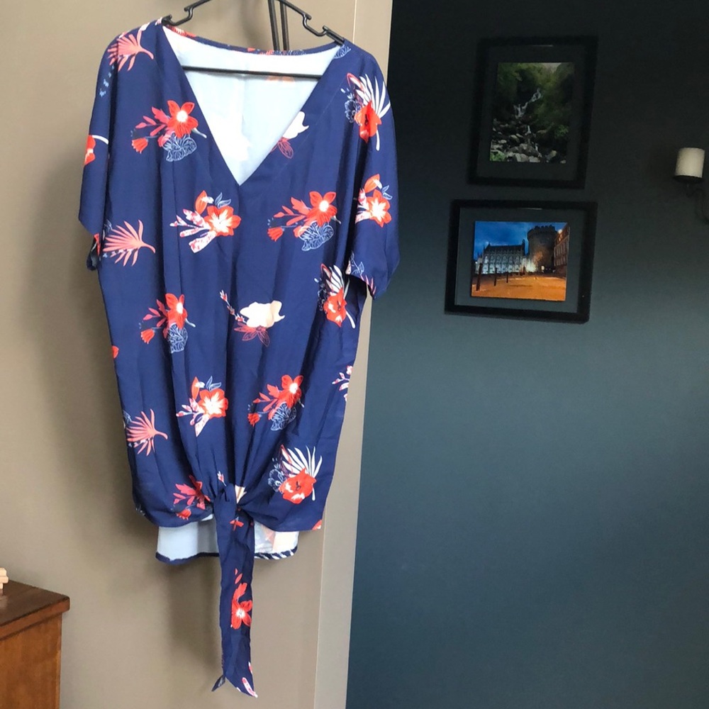 Tie Front Blue and Red Light Tunic Tee